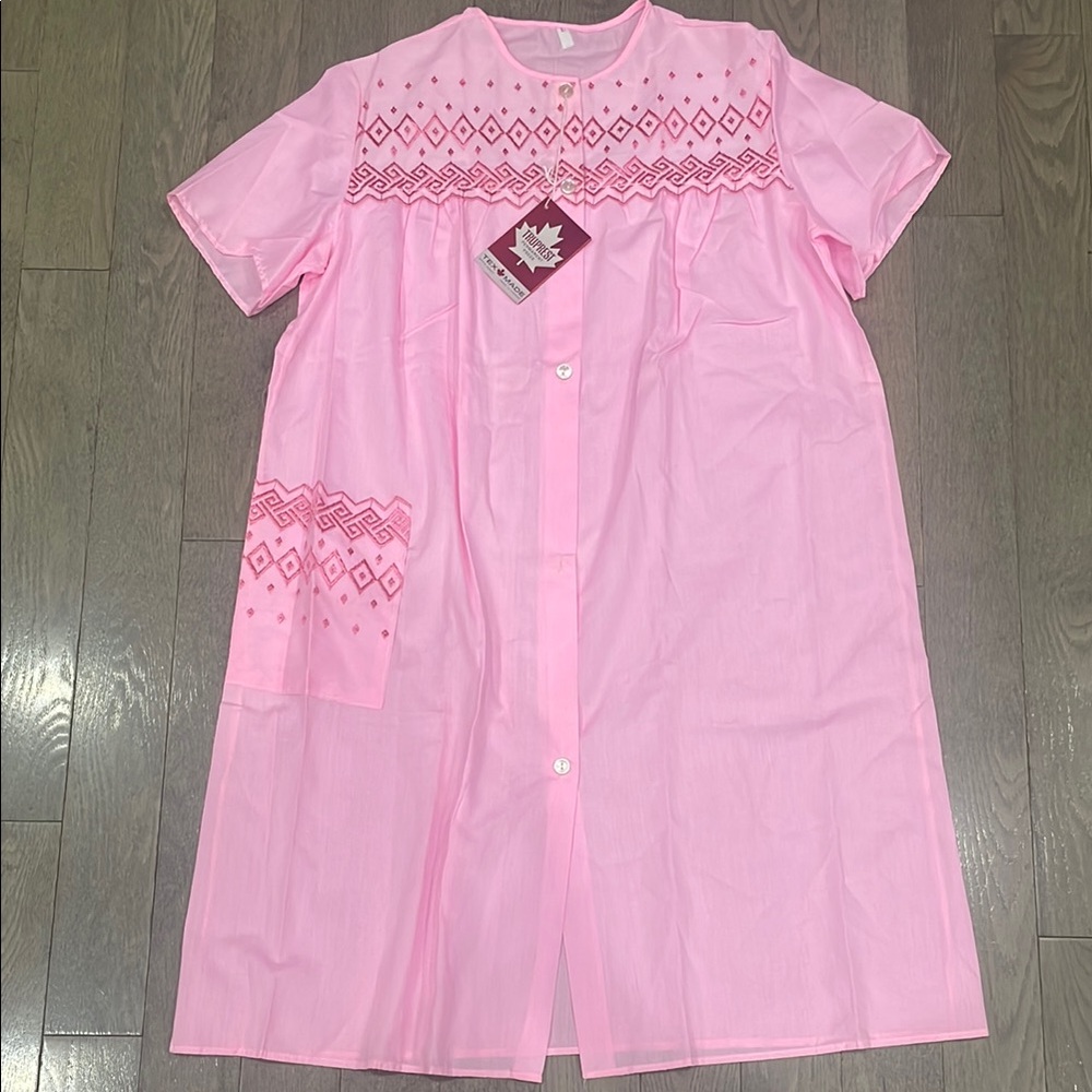 Vintage 80s French Maid Pink Eyelet Lace Button Front Midi Nightgown Pocket NWT